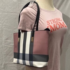 Elegant Striped Tote Bag in Dark Mauve, Gray, and White with Black Handles